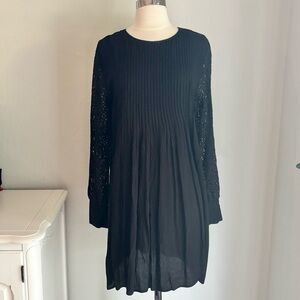 Black Pleat Front Long Sleeve Lace Button Detail Mini Dress, Size Medium